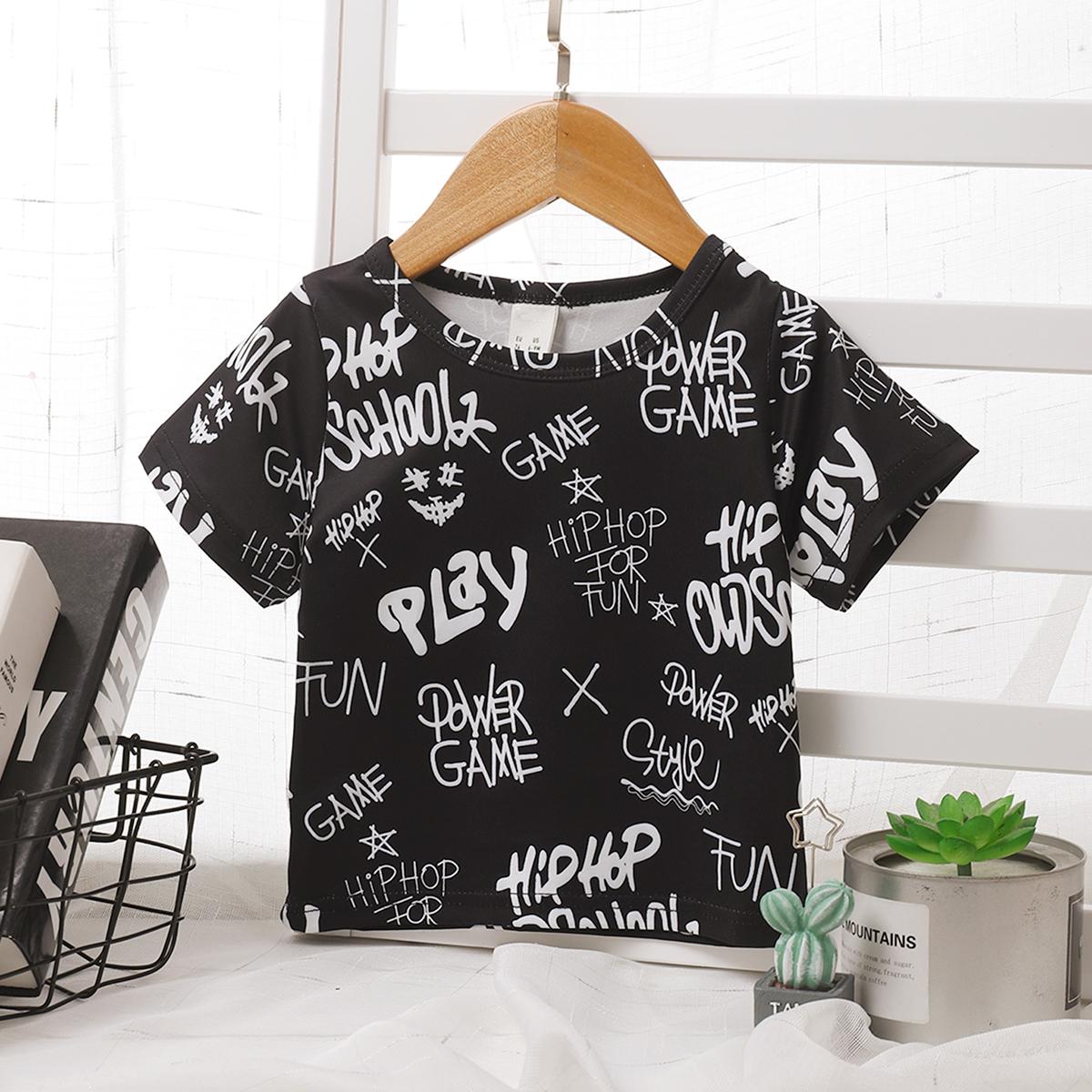 Kids fashion Boys Shirts Short Sleeve Round Neck Letter Print Shirts,Black 212201004