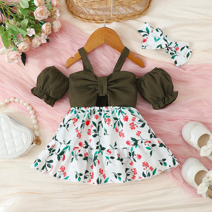 Ready Stock Baby Girls Clothes Straps Bubble Sleeve Floral Print Dress With Headband 2Pcs Summer Set Green 122110007