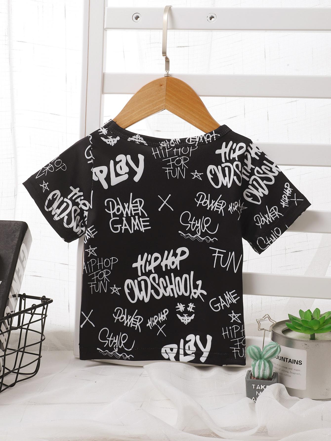 Kids fashion Boys Shirts Short Sleeve Round Neck Letter Print Shirts,Black 212201004