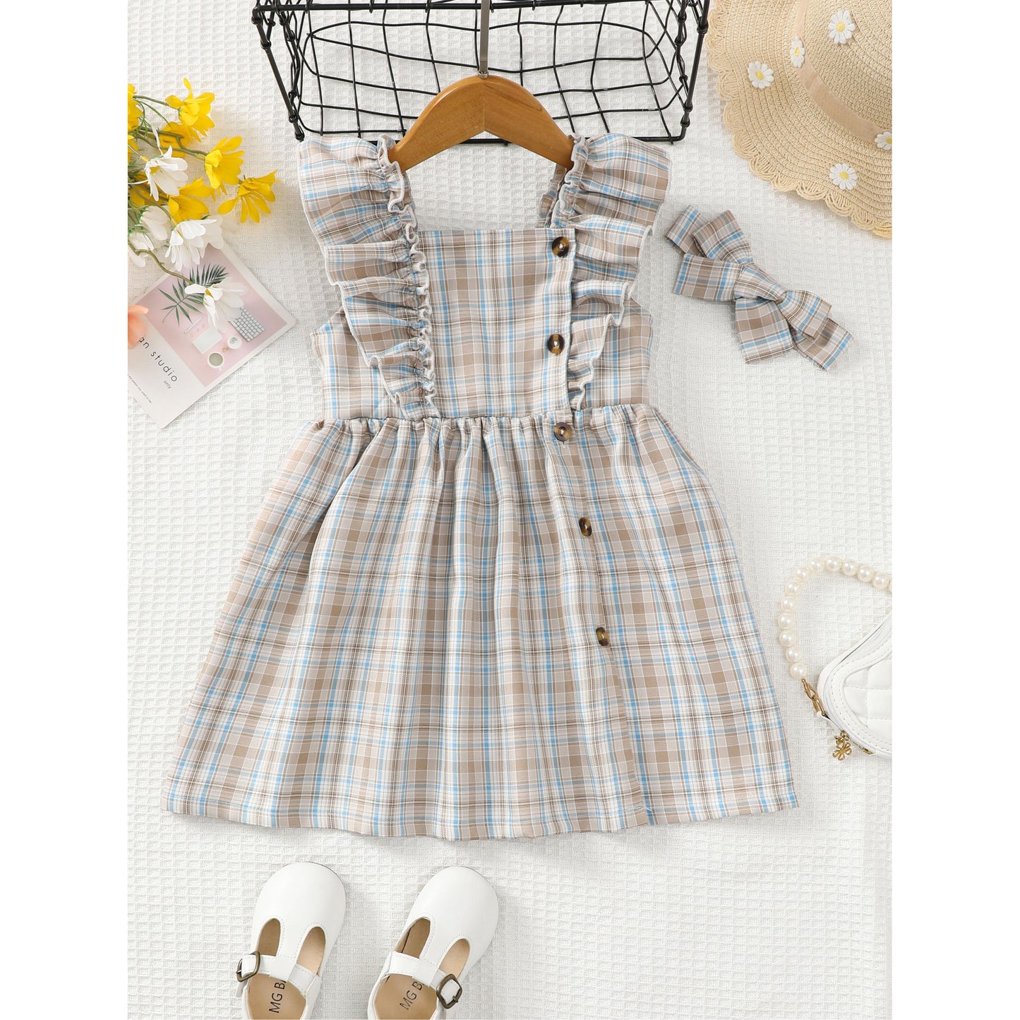 Baby Girls Clothes Plaid Print Sleeveless Summer Dress With Headband 2Pcs OOTD Apricot 622120003
