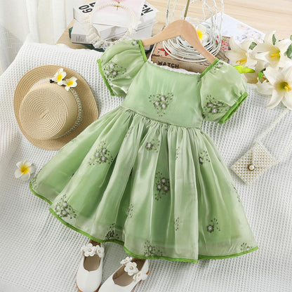 Baby Girls Princess Dress Bubble Sleeve Floral Embroidery One Pirce Summer Party Dress Green 202217