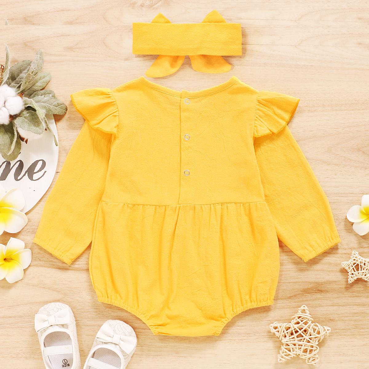 Kids fashion Girls Clothes One Long Sleeve For Winter Bodysuit With Headband 2pcs set Yellow YC2007547-1