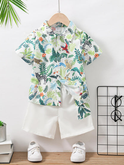 Baby Fashion Ready Stock Boys Clothes OOTD Animals Print Turn-down Collar Shirt Elastic Shorts 2Pcs Summer Outfits M623228