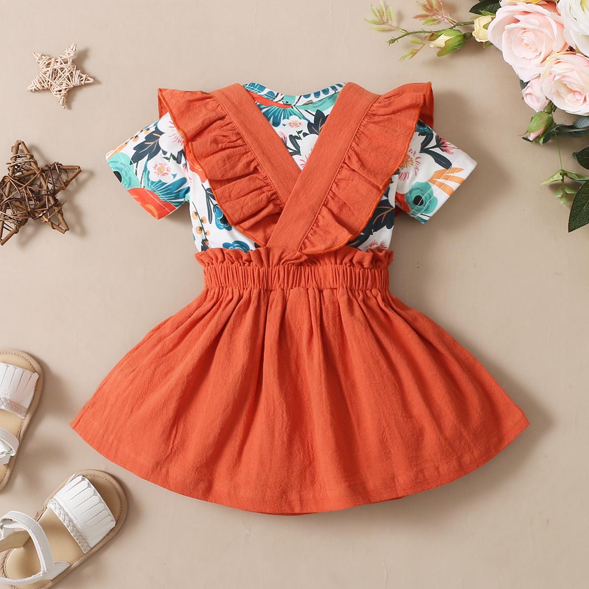 Kids fashion Girls Clothes Flower Print Short Sleeve  Bodysuits Bow Straps Suspender Skirts 2Pcs Outfits Orange 22104306