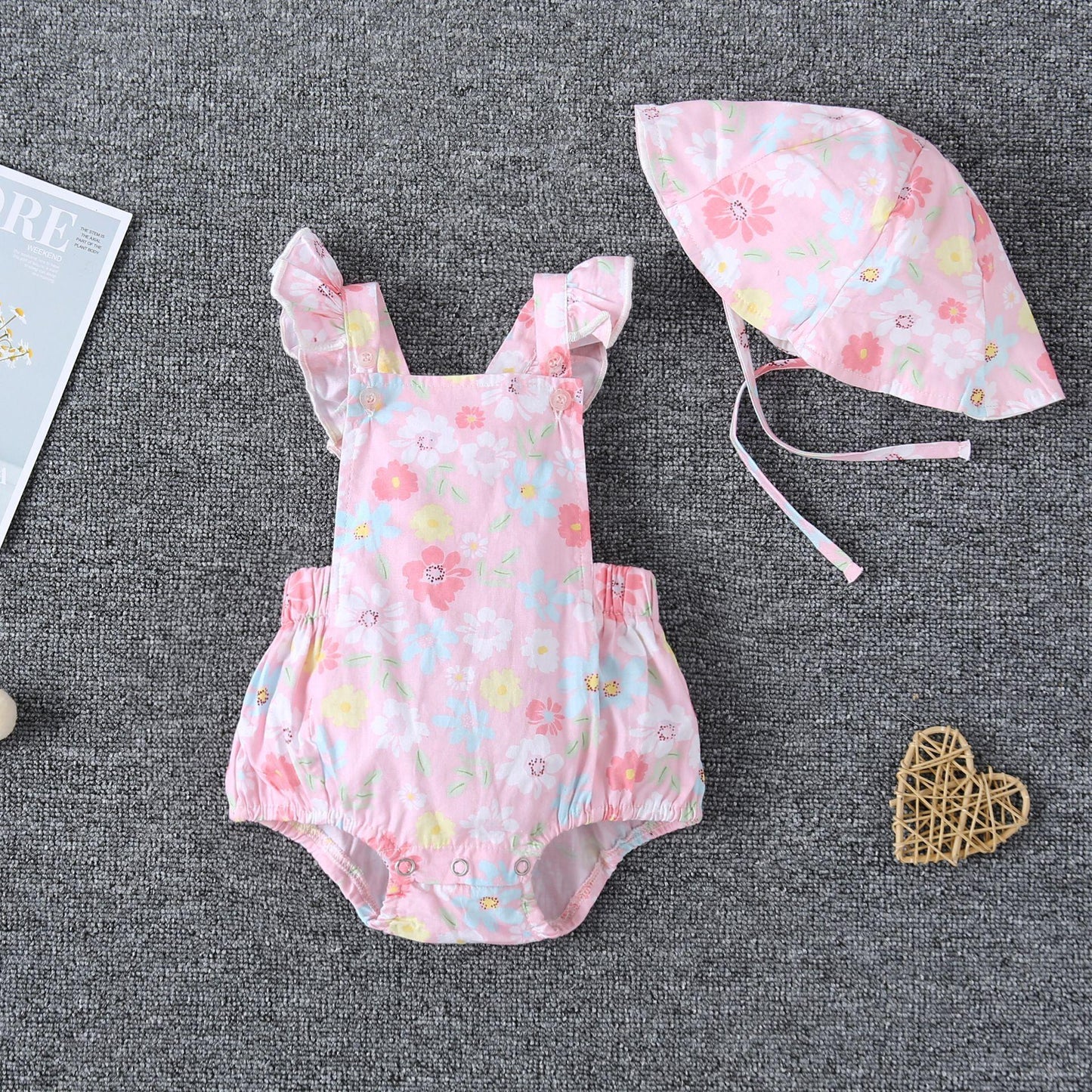 Kid Fashion Ready Stock Girls Clothes Summer Sleeveless Floral Print Romper With Hat 2Pcs Set ZX-ZB029