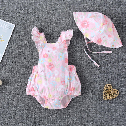 Kid Fashion Ready Stock Girls Clothes Summer Sleeveless Floral Print Romper With Hat 2Pcs Set ZX-ZB029