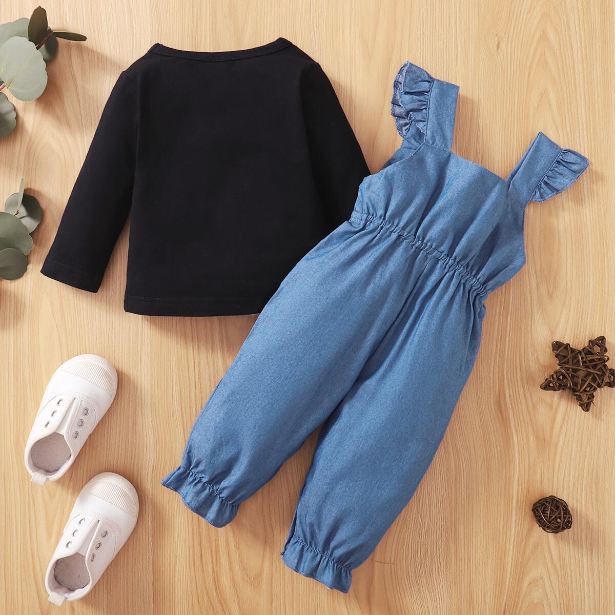 Baby Girls 2PCS Outfits Long Sleeve Round Neckline Tops Overall Pants Set Black 22106403