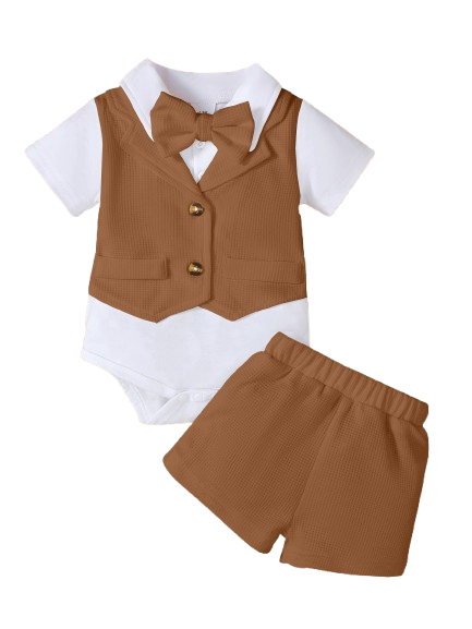 PureChapter Baby Boy Baptism Outfit 2-Piece Set Short Sleeve Waffle Knit Romper Top & Shorts, Christening Outfit for 1-18M