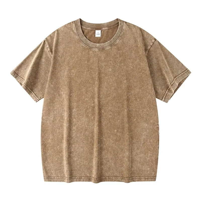 Washed Distressed 230g Heavyweight Cotton Short Sleeved T-shirt Versatile Men Summer Solid Color Loose T-shirt for Men