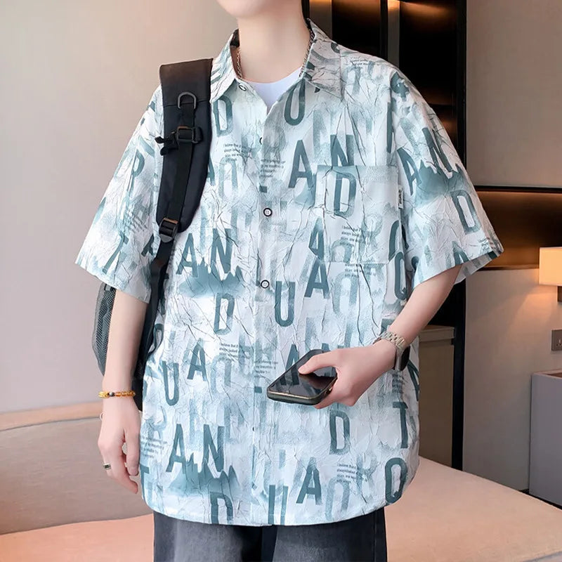 Men's Summer Short Sleeve Casual Shirt Crocheted Letter Pattern Thin Top Polyester Lapel Turn-down Collar