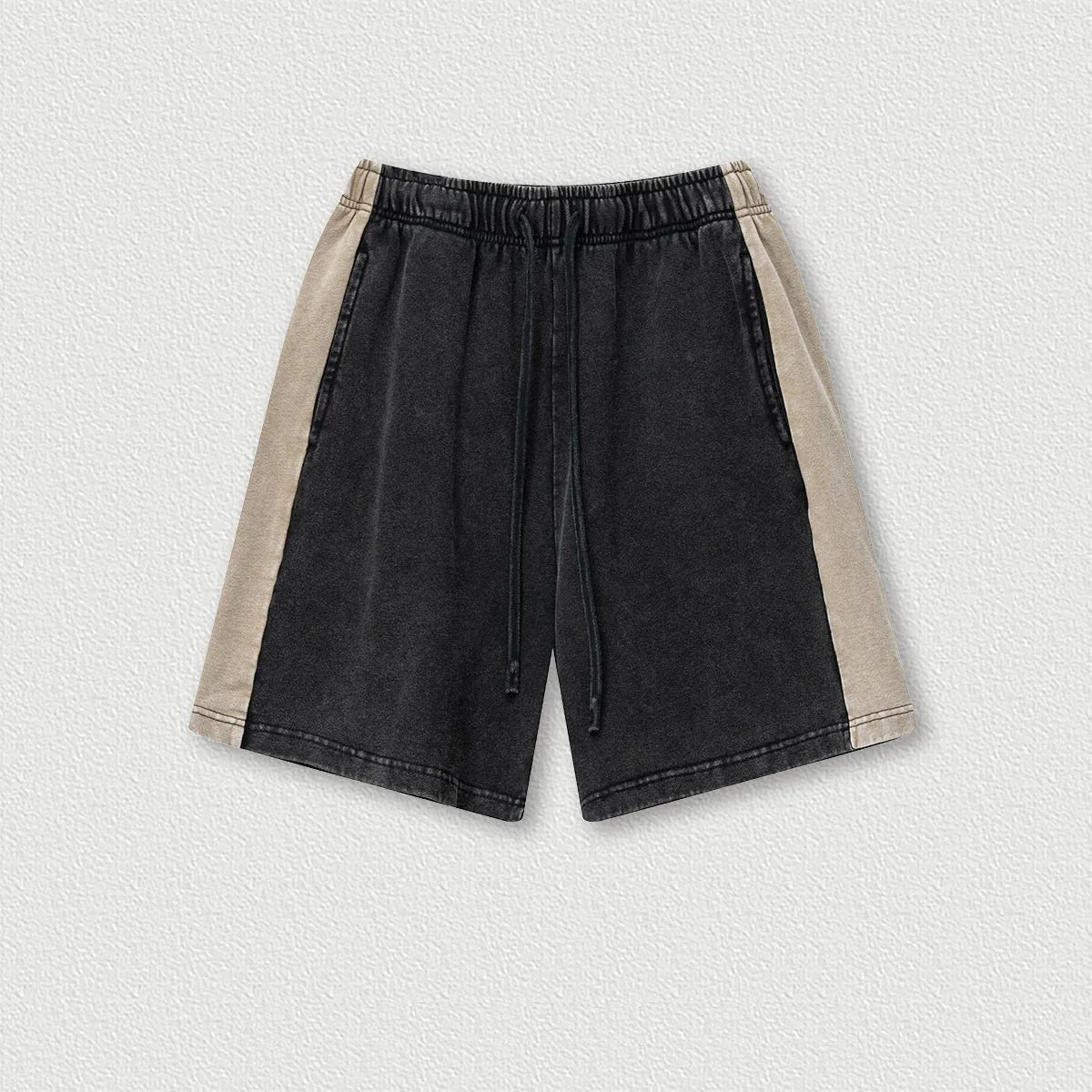 370 Grams 100% Cotton Custom logo Vintage Splicing Ribbon Loose Color Contrast Shorts Drawstring Casual Men's Five-point Shorts
