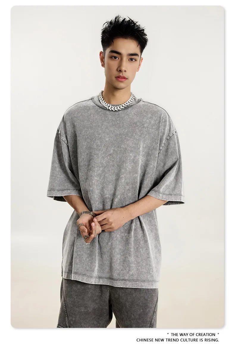 285G 330G 100% Cotton American  Retro Ribbon Crewneck T-shirt Casual Sports Suit Custom Iogo Work Clothes for Men T-Shirt Set