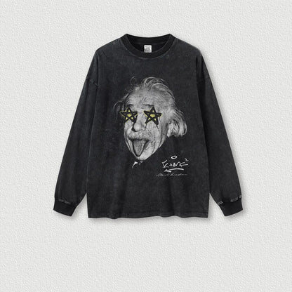 270G 100% Cotton Washed Custom Logo Star Eyes Old Long Sleeve T-shirt Men's Retro Washed Teen Tops T-shirt for Men