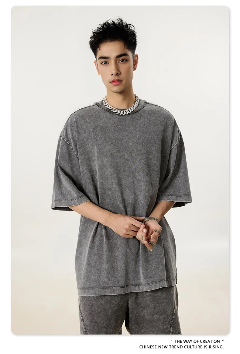 285G 330G 100% Cotton American  Retro Ribbon Crewneck T-shirt Casual Sports Suit Custom Iogo Work Clothes for Men T-Shirt Set