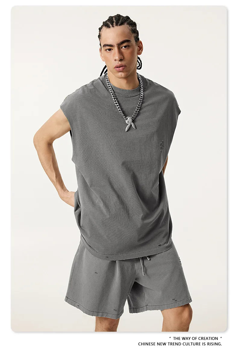 275G 330G 100% Cotton Custom Logo American Fashion Sports Fitness Ripped Crimped T Shirt Five-point Shorts Suit Men