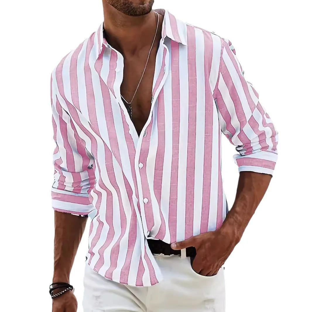 2026 Men's Casual Digital Printing Contrast Color Lapel Collar Cardigan Polyester Machine Washable Men’s Shirts