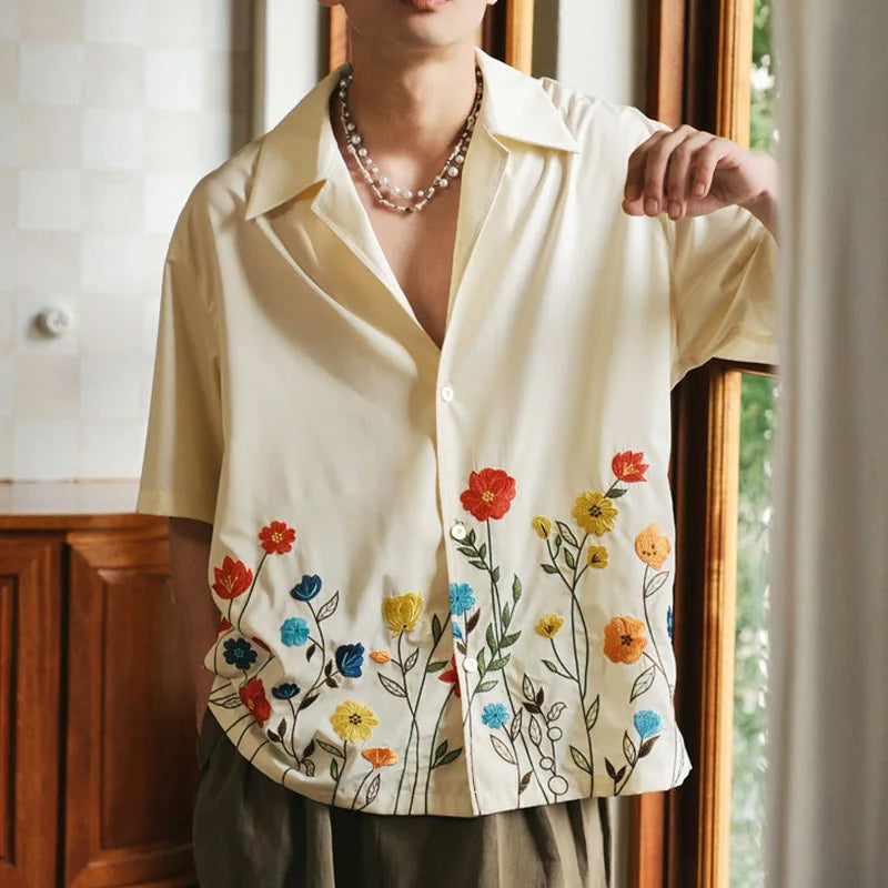 Custom 2026 Summer European American Men's Casual Short Sleeve Poplin Hawaiian Shirt Lapel Fashion Flower Vintage Men's Shirt