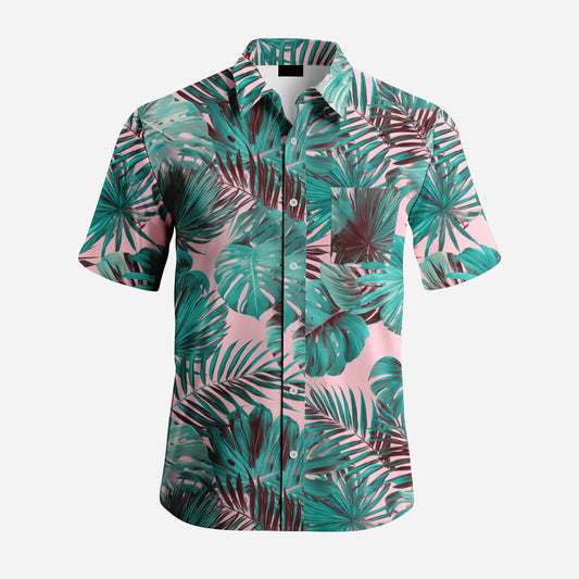 Pink Monstera Leaf Hawaiian Shirt | Tropical Plant Print Short Sleeve