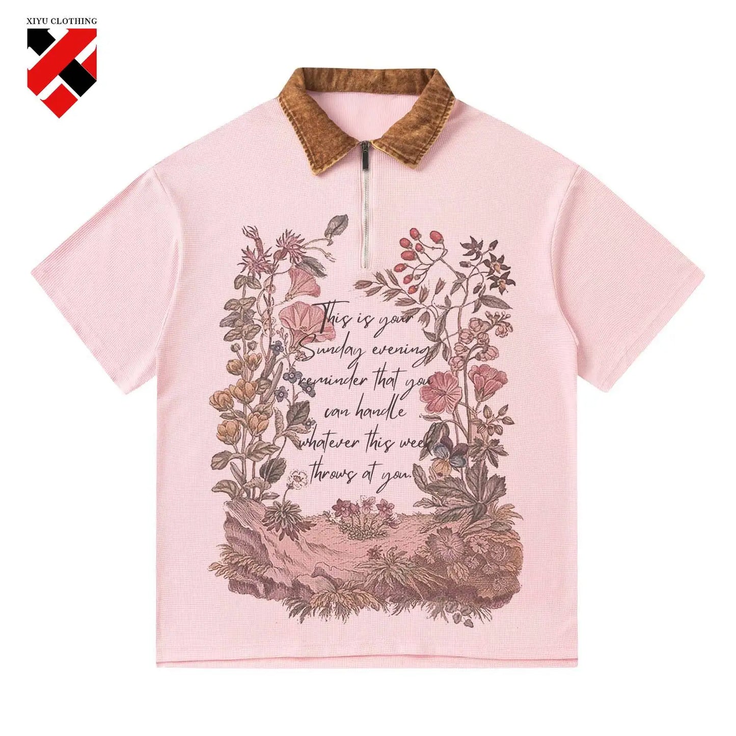 Custom Short-Sleeved American Street Fashion Style with Loose Floral Letter Print Lapel Breathable Casual Polo Shirt