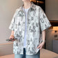 Men's Summer Short Sleeve Casual Shirt Crocheted Letter Pattern Thin Top Polyester Lapel Turn-down Collar