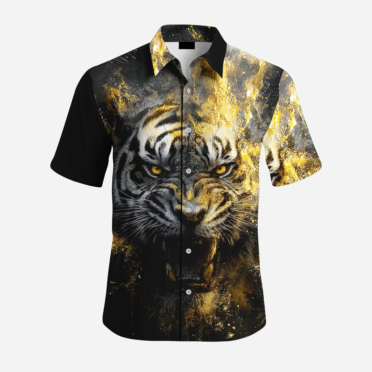 Artistic Splatter Print Short Sleeve Stand Collar Men's Striped Shirt Loose Hawaiian Style Casual Breathable Quick Dry Beach Top