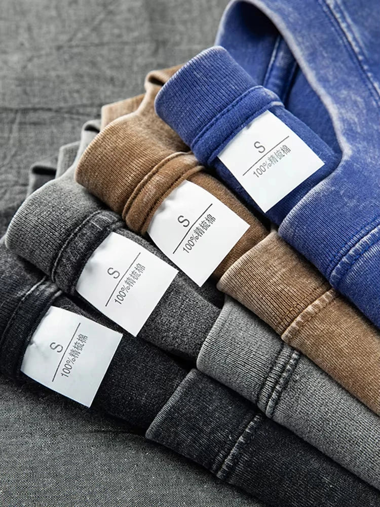 Washed Distressed 230g Heavyweight Cotton Short Sleeved T-shirt Versatile Men Summer Solid Color Loose T-shirt for Men