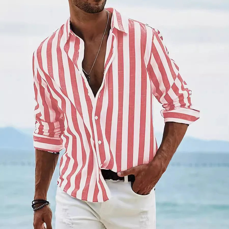 2026 Men's Casual Digital Printing Contrast Color Lapel Collar Cardigan Polyester Machine Washable Men’s Shirts