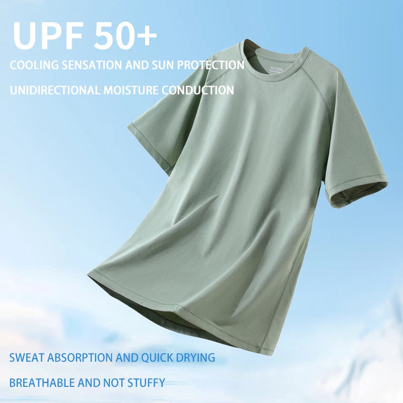 Breathable Quick Dry Anti-UV O-Neck Knitted Front Logo Pullover T-Shirt Short Sleeve High Solid Color Simple Casual Sports Style