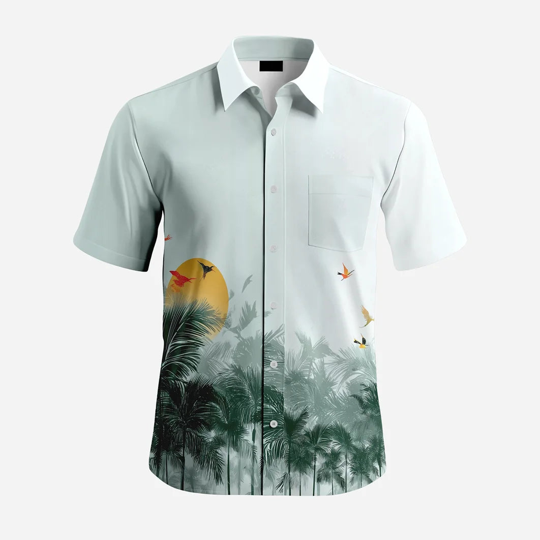 Custom Printed 100% Polyester Floral Stand Collar Casual Men's Button-Up Shirt for Beach Vacation Anti-Pilling Shirts OEM Service
