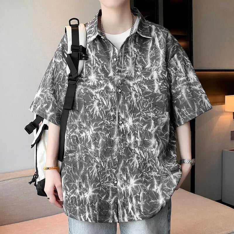 Men's Summer Short Sleeve Casual Shirt Crocheted Letter Pattern Thin Top Polyester Lapel Turn-down Collar