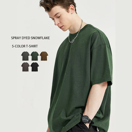 100% Cotton 265 Grams Retro Spray-dyeed Snowflake T-shirt Trendy Brand New Products Loose Street Round Neck Short Sleeves