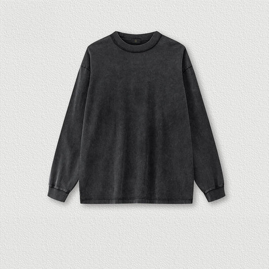 250G 100% Cotton Heavy Weight High Street Reverse Stitching Oversize Retro Men's Round Neck Washed Long Sleeve T-shirt