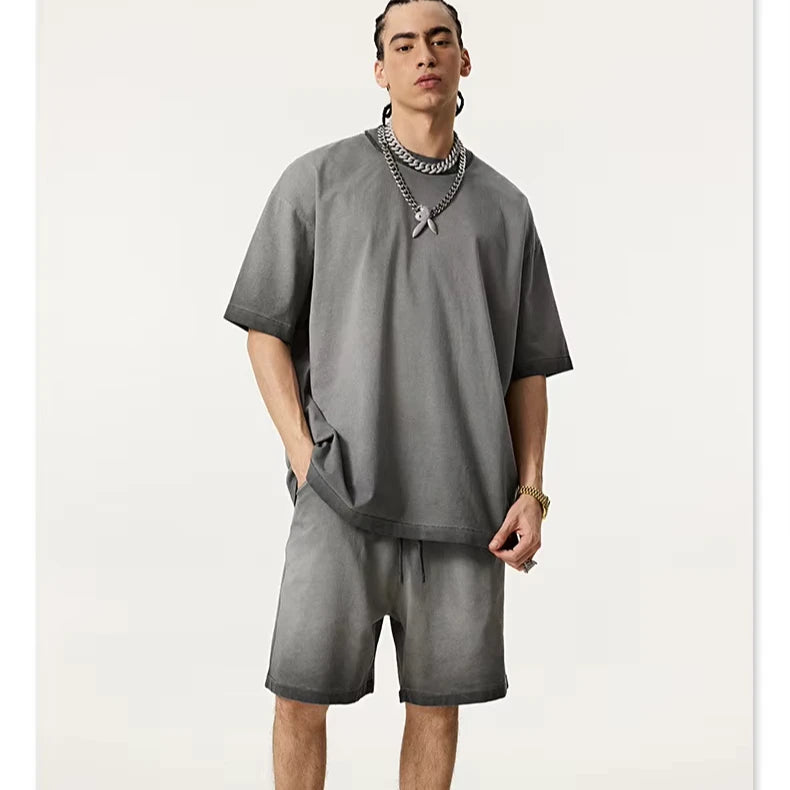 275G 310G Cotton Custom Vintage Washed Anti-bottom Fried Color Casual Short Sleeve Shorts Fashion Brand Men's and Women's Suit