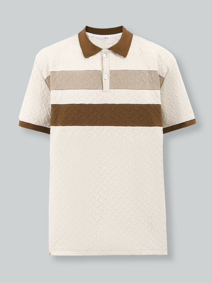 Men's Beige and Brown Textured Polo Shirt - Contrast Collar with Herringbone Pattern & Two-Tone Chest Bands