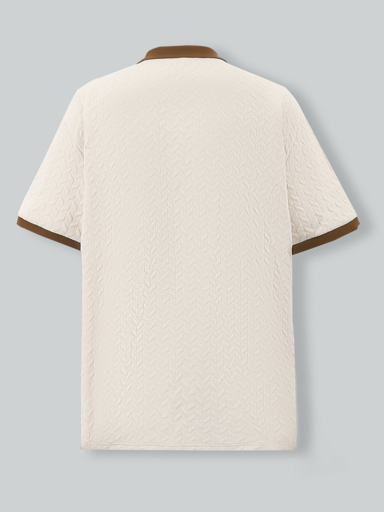 Men's Beige and Brown Textured Polo Shirt - Contrast Collar with Herringbone Pattern & Two-Tone Chest Bands
