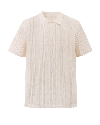 Classic Textured Polo Shirt in Cream , Cable-Knit Collar Golf Shirts