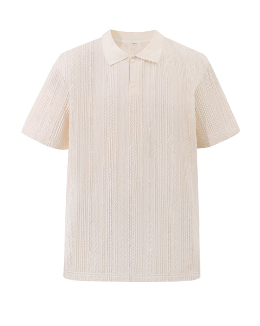 Classic Textured Polo Shirt in Cream , Cable-Knit Collar Golf Shirts