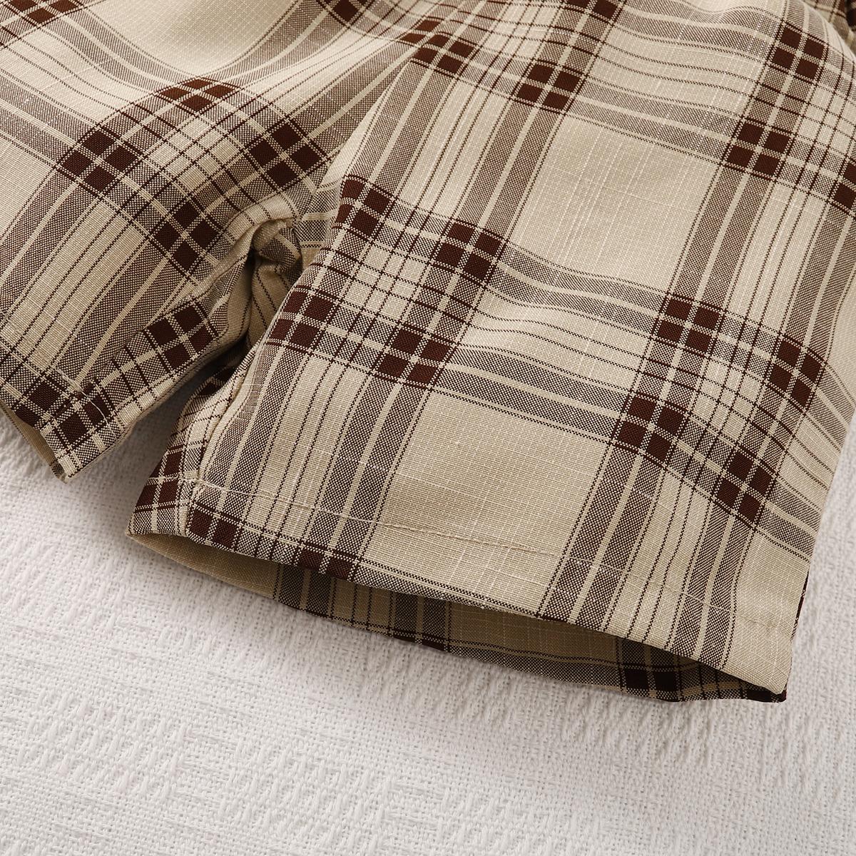 Ready Stock Baby Boys Clothes Bow Tie Turn-down Collar Pocket Shirts Elastic Plaid Shorts 2Pcs Summer Gentle Outfits Apricot 222212307