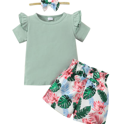 Kids Fashion Ready Stock Summer Clothes For Girls Ruffle Sleeve Solid Color Shirts Elastic Shorts Headband 3Pcs Outfits Green 112202005