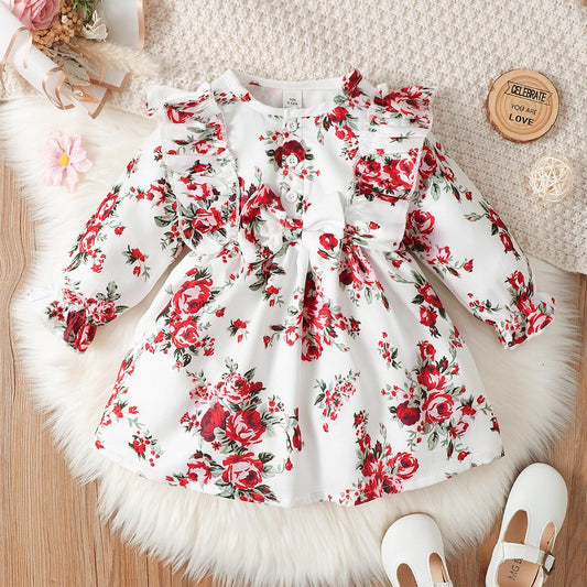 Baby Girls Dress Floral Long Sleeve For Winter One Piece Sun Dress White-GF112208007