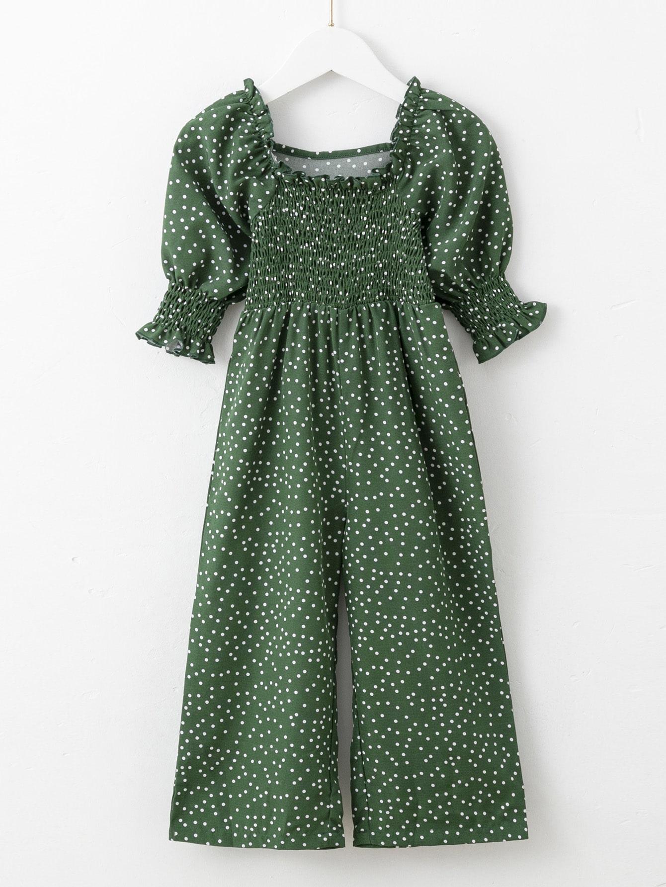 Jumpsuit For Baby Girls Bubble Sleeve Wave Point One Piece Green Little Girls ZX-221Y057