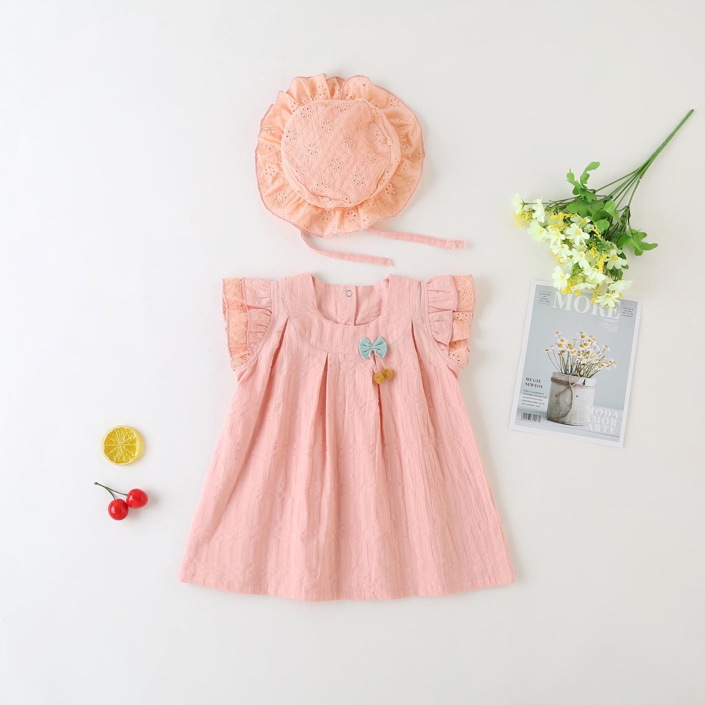 Kid Fashion Ready Stock Girls Outfits Sleeveless Solid Color Summer Dress With Hat 2Pcs Clothes Set ZX-ZB001