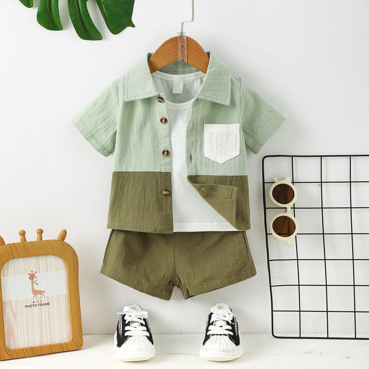 Kid Fashion Ready Stock Boys Summer Outfits Turn-down Collar Pocket Splice Shirt Elastic Shorts 2Pcs Clothes Set Blue 112211057