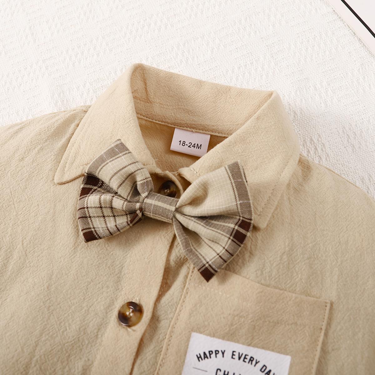 Ready Stock Baby Boys Clothes Bow Tie Turn-down Collar Pocket Shirts Elastic Plaid Shorts 2Pcs Summer Gentle Outfits Apricot 222212307