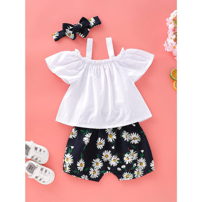 kid fashion Girl Clothes Summer Outfits Ruffle Sleeve Strap Shirt Tops Floral Shorts Headband Set White 193888