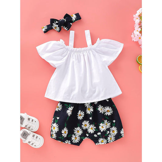 kid fashion Girl Clothes Summer Outfits Ruffle Sleeve Strap Shirt Tops Floral Shorts Headband Set White 193888