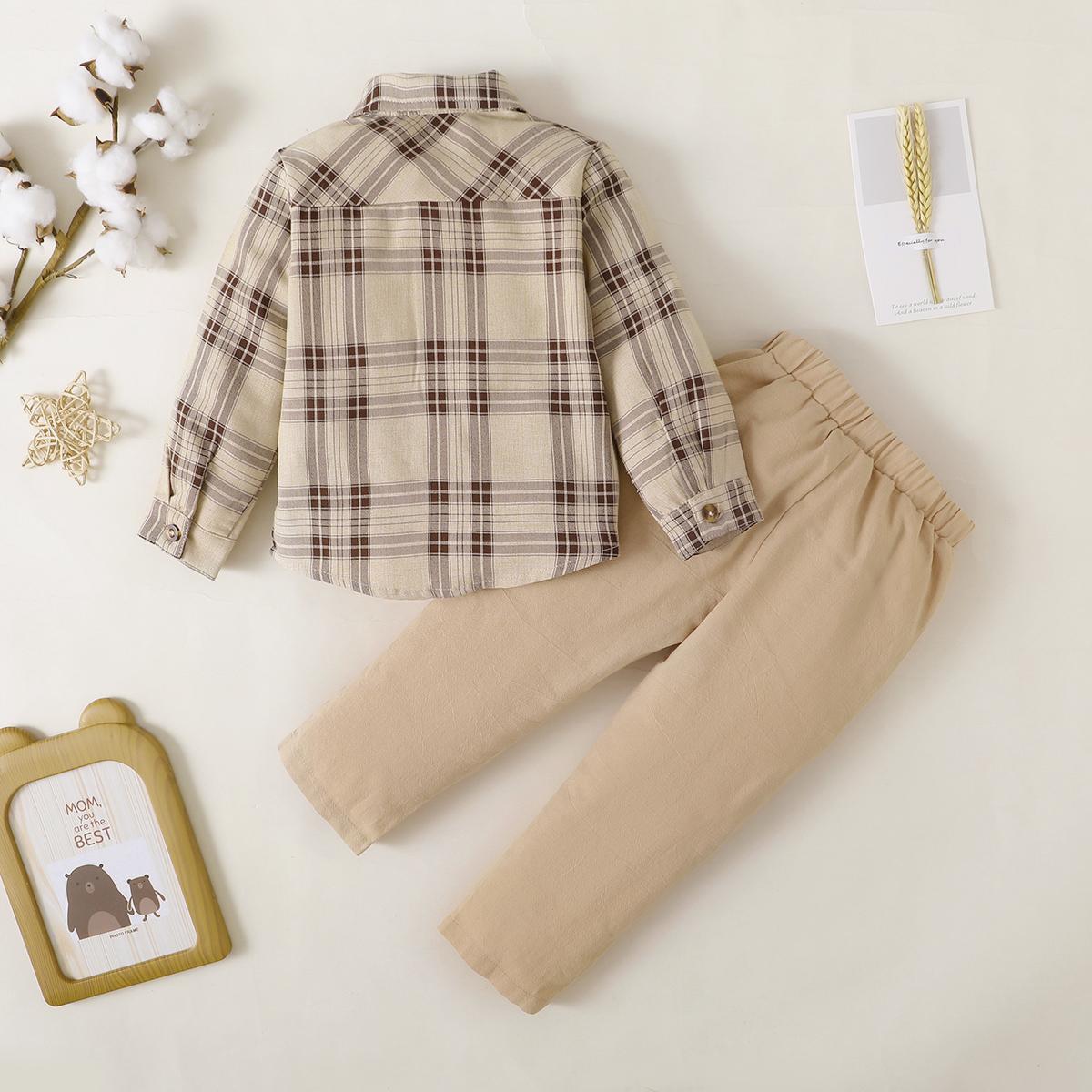 Baby Boys Outfits Barbary Plaid Turn-down Collar Shirts Pants 2Pcs Gentle Clothes Set Apricot 222211303