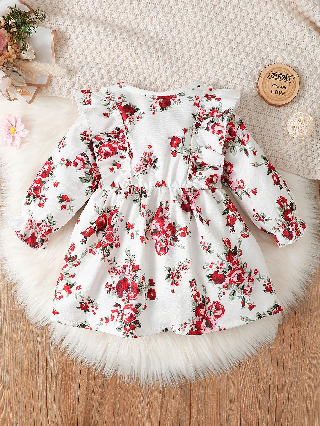 Baby Girls Dress Floral Long Sleeve For Winter One Piece Sun Dress White-GF112208007