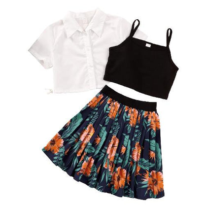Ready Stock Big Girls Clothes Solid Color Turn-down Collar Shirts Straps Undershirt Floral Skirts 3Pcs Summer OOTD White GS112211005