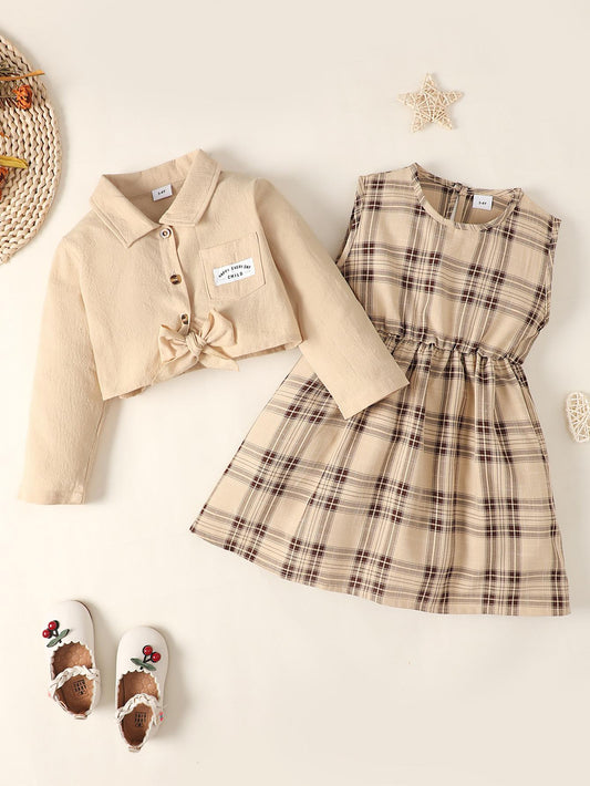 Baby Girls Outfits Short Style Coat Plaid Sleeveless Dress 2Pcs Clothes Set Apricot 222206312-2